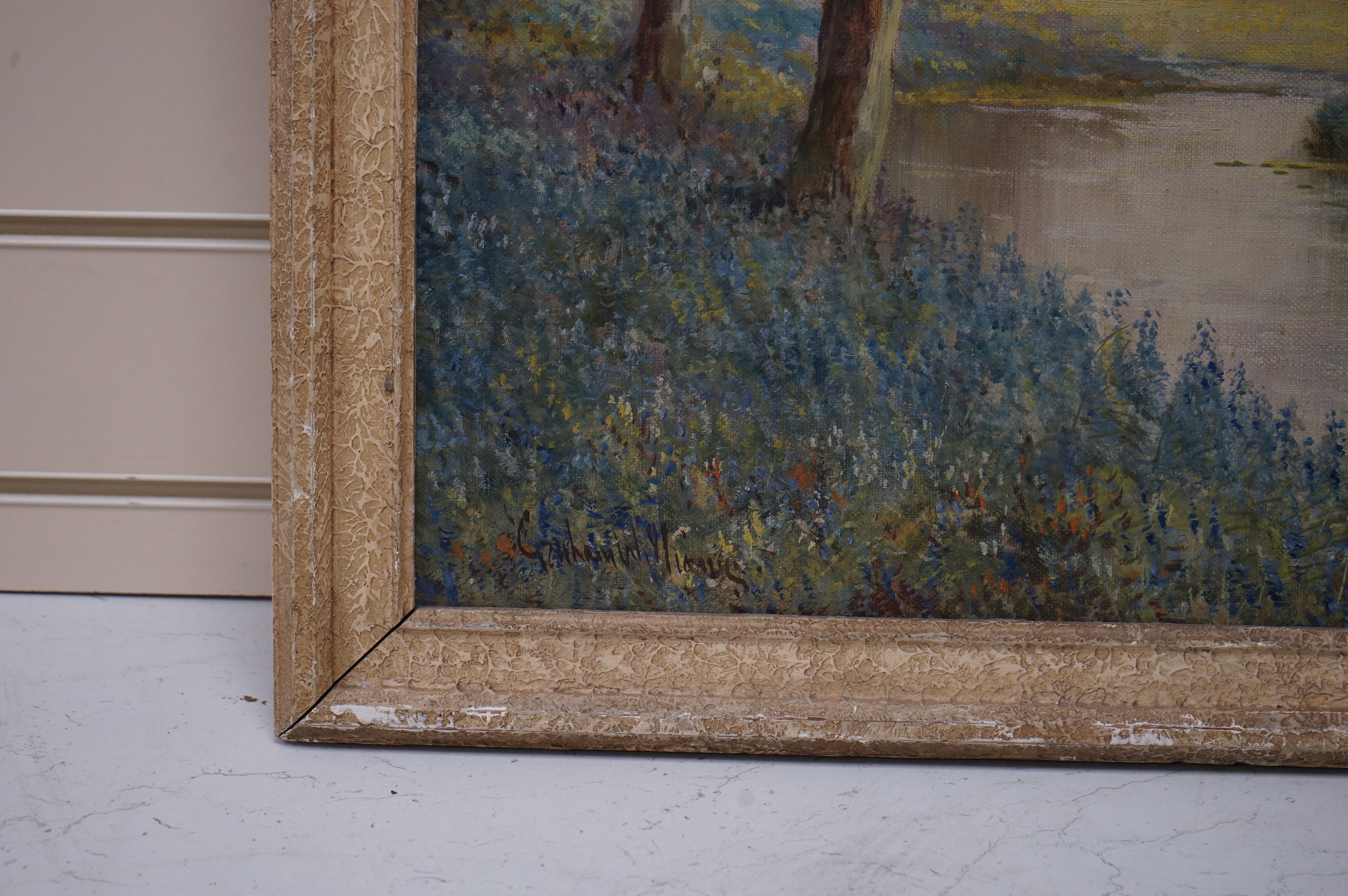 Graham Williams, oil on canvas, ‘Spring morning on the Tillingborne stream’, signed, label verso, 49 x 55cm. Condition - good